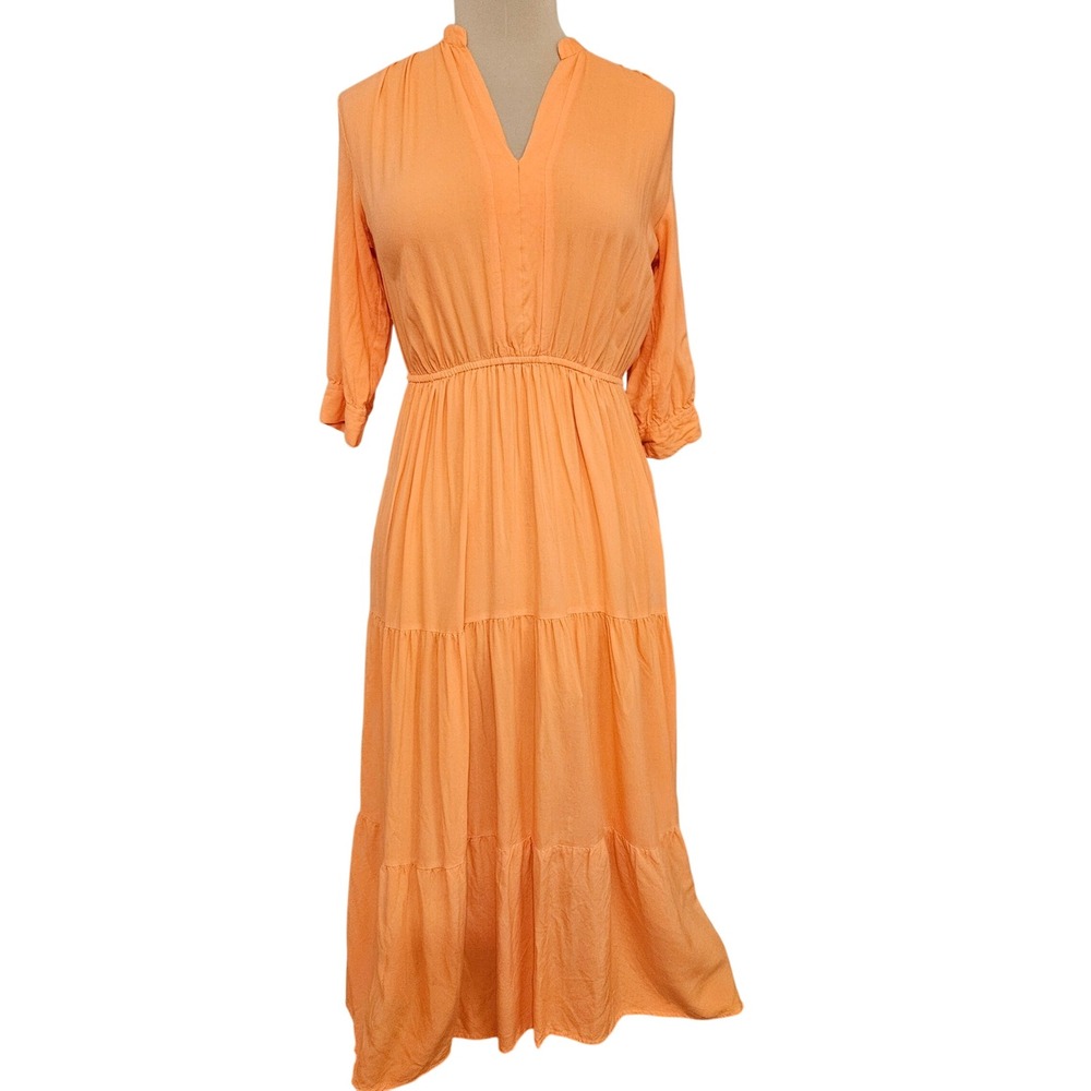 Cassee's Orange Tiered Maxi Dress Womens Small 3/4 Sleeve Elastic Waist Rayon